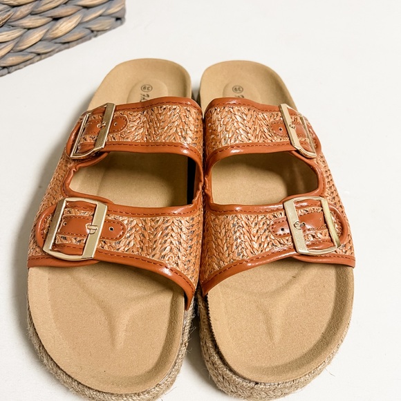 Brown Raffia Woven Two Strap Platform Espadrille Platform Sandals Size 8.5 - Picture 5 of 7